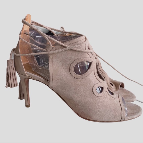 AQUAZURRA FIRENZE NEUTRAL LEATHER TUSSLE HEELED SANDALS - Picture 13 of 16